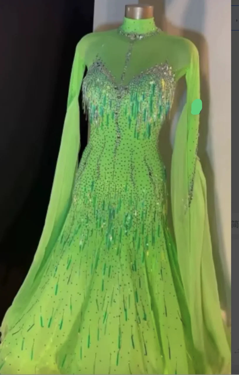 Women's Lime Green Rhinestone & Fringe Ballroom Dance Dress with Sheer Sleeves