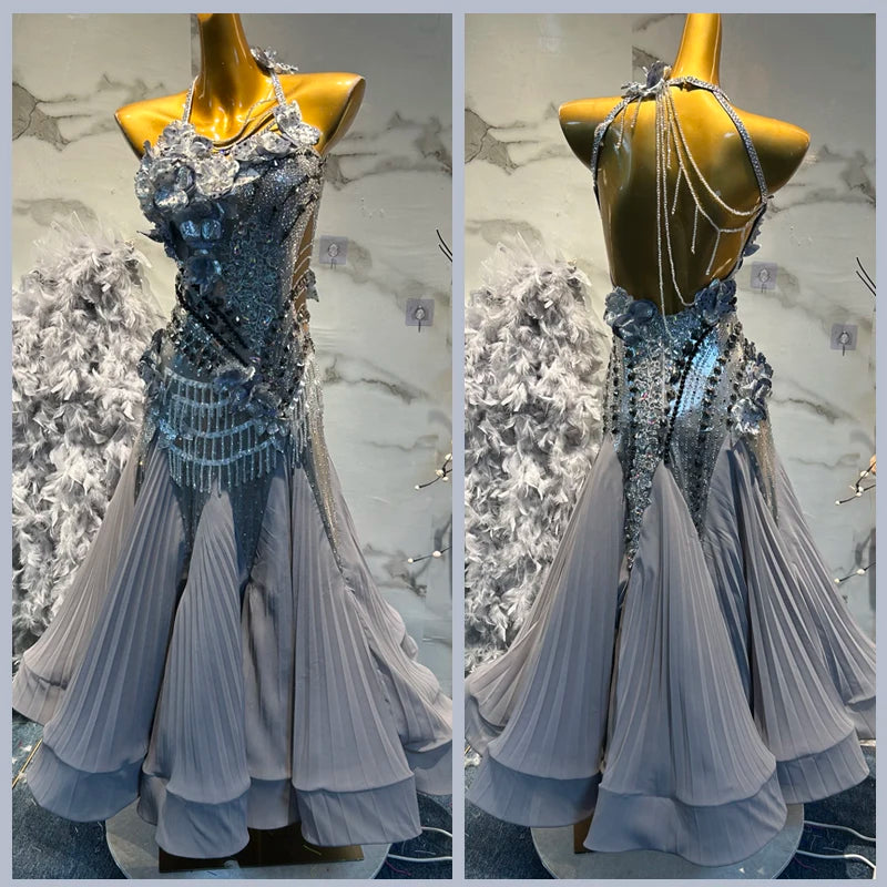 Ballroom Dance Dress Women's Gray Sequin Beaded Halterneck Pleated Skirt
