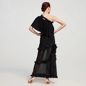 Women's Black One-Shoulder Ruffle Chiffon Tiered Latin Ballroom Dance Dress