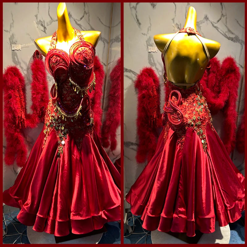Women's Red Sequin & Bead Embellished Halter Ballroom Dance Dress with Feather Boa
