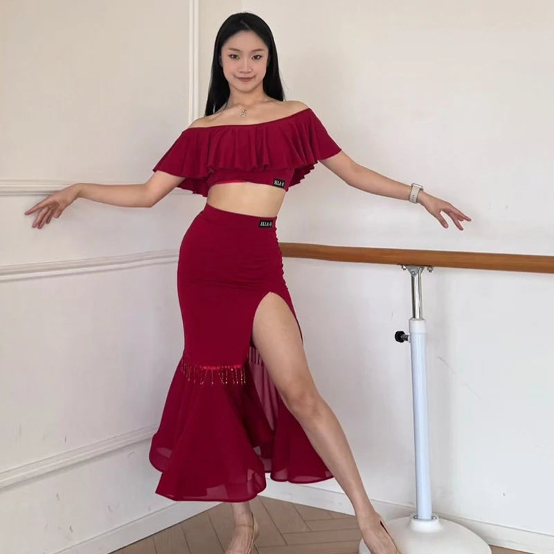 Women's Black and Red Off-Shoulder Ruffle Crop Top and High Slit Ruffled Hem Latin Dance Skirt Set