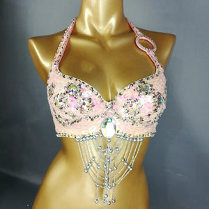 Belly Dance Halter Top, Women's Teal Sequin & Beaded Crystal Bra with Dangles, Performance Costume