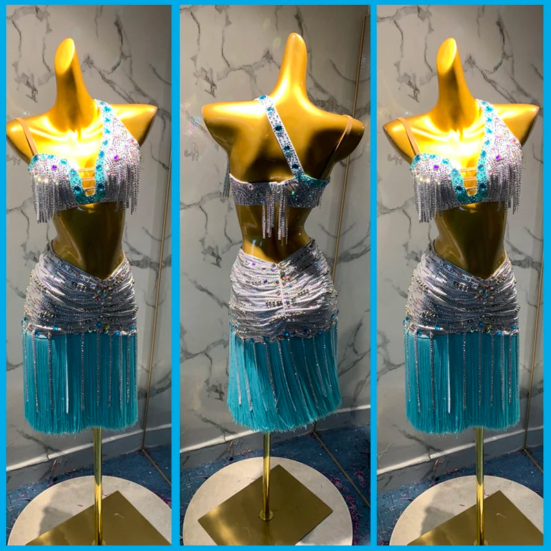 Latin Dance Dress Women's Aqua Blue & Silver Rhinestone Fringe Halter Top & Ruched Skirt Set Performance Costume