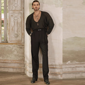 Men's Ballroom Dance Shirt & Pants Set, Cream Long Sleeve V-Neck Shirt, Navy Blue Pleated Pants, Black Long Sleeve V-Neck Shirt, Black Pleated Pants, Black Long Sleeve Crew Neck Shirt, Cream Pleated Pants