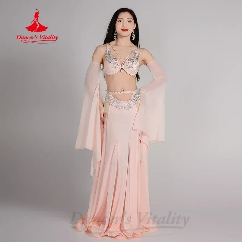 Women's Belly Dance Costume Set With AB Rhinestone Bra, Sleeves, Chiffon Long Skirt For Performance