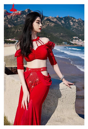 Belly Dance Costume Women's Red Off-Shoulder Crop Top & Mermaid Skirt Set with Rhinestone Belt