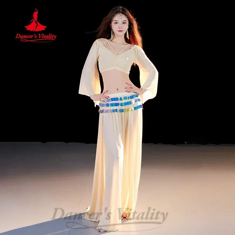 Belly Dance Costume Women Black Off-Shoulder Crop Top Long Sleeve with Slit Skirt and Sequin Hip Scarf Set