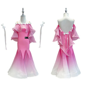 Ballroom Dance Dress Girls Red Ombre Black Ruffle Rose Off-Shoulder Long Sleeve; Ballroom Dance Dress Girls Pink Ombre White Ruffle Bow Off-Shoulder