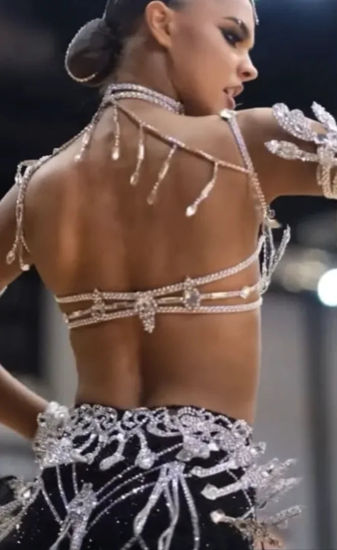 Women's Black & Silver Crystal Embellished Backless Latin Dance Dress