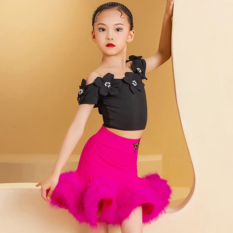 Girls Fuchsia Pink Feathered Latin Dance Skirt Set with Black Off-Shoulder Floral Top