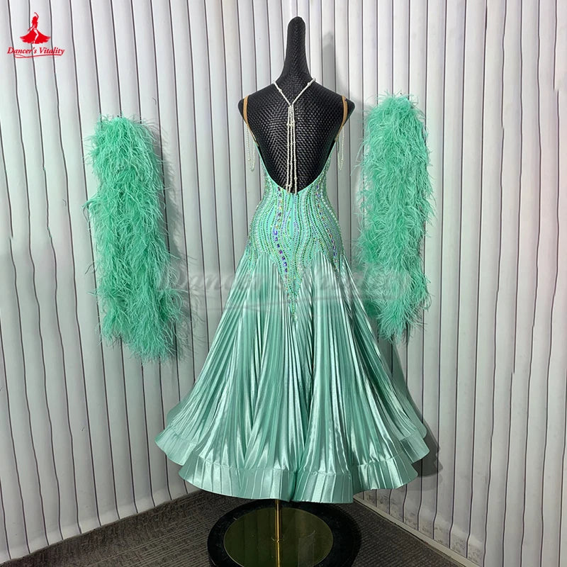 Ballroom Dance Dress Backless With Ostrich Feathers For Women's Competition Waltz Foxtrot Tango Quickstep