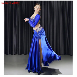 Women's Blue Sequin Fringe Long Sleeve Belly Dance Costume with Flowing Skirt