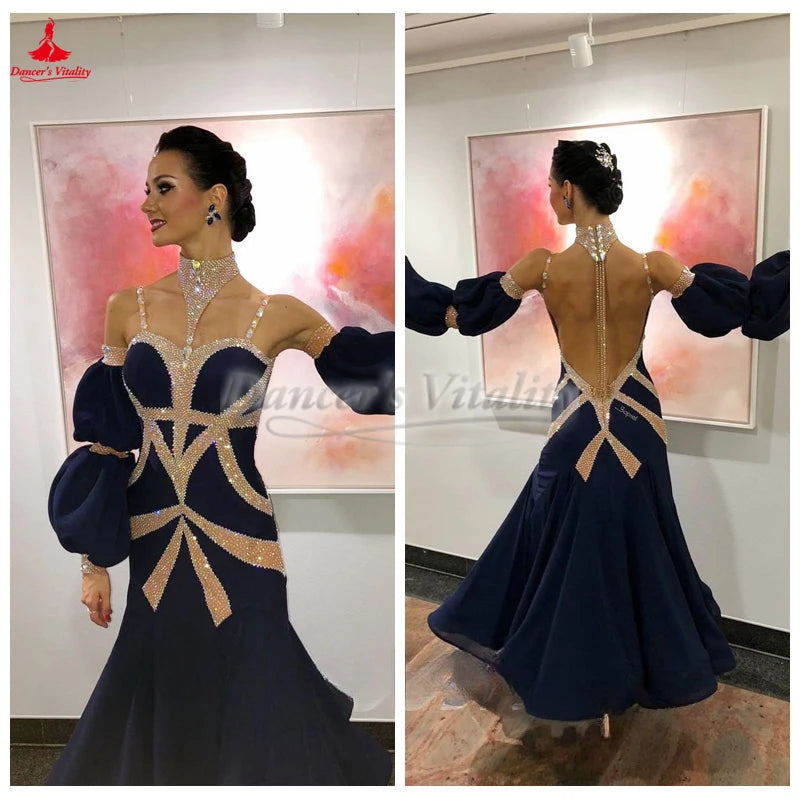 Women's Navy Blue Ballroom Dance Dress with Rhinestone Embellishments and Puffed Sleeves