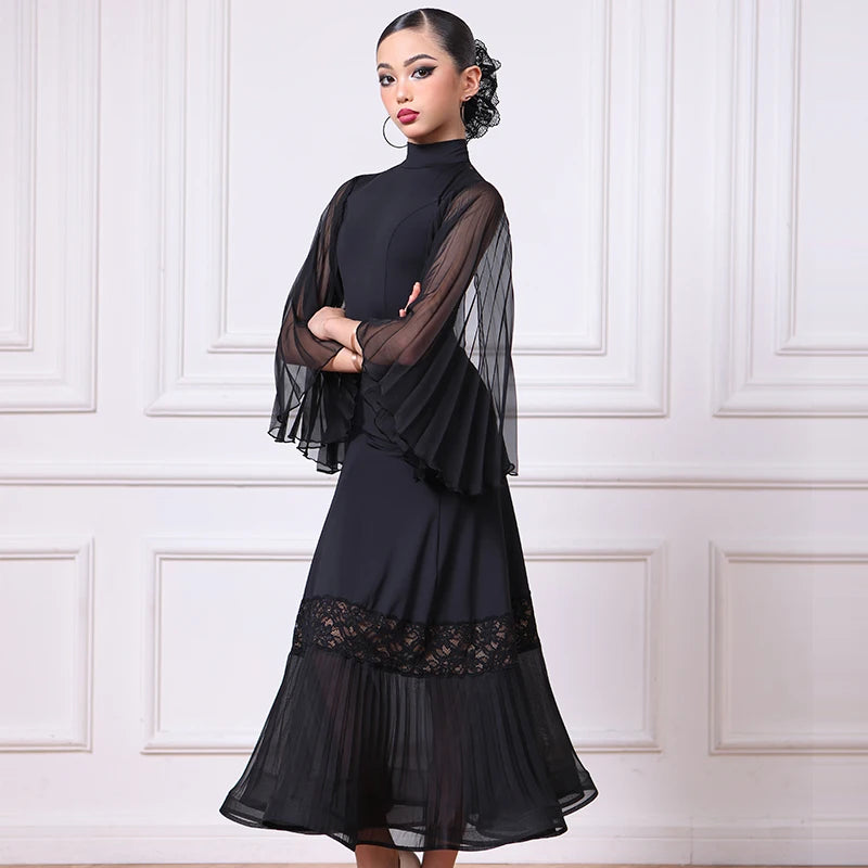 Women's Black Ballroom Dance Dress with Pleated Chiffon Sleeves and Lace Hem