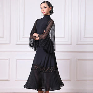 Women's Black Ballroom Dance Dress with Pleated Chiffon Sleeves and Lace Hem