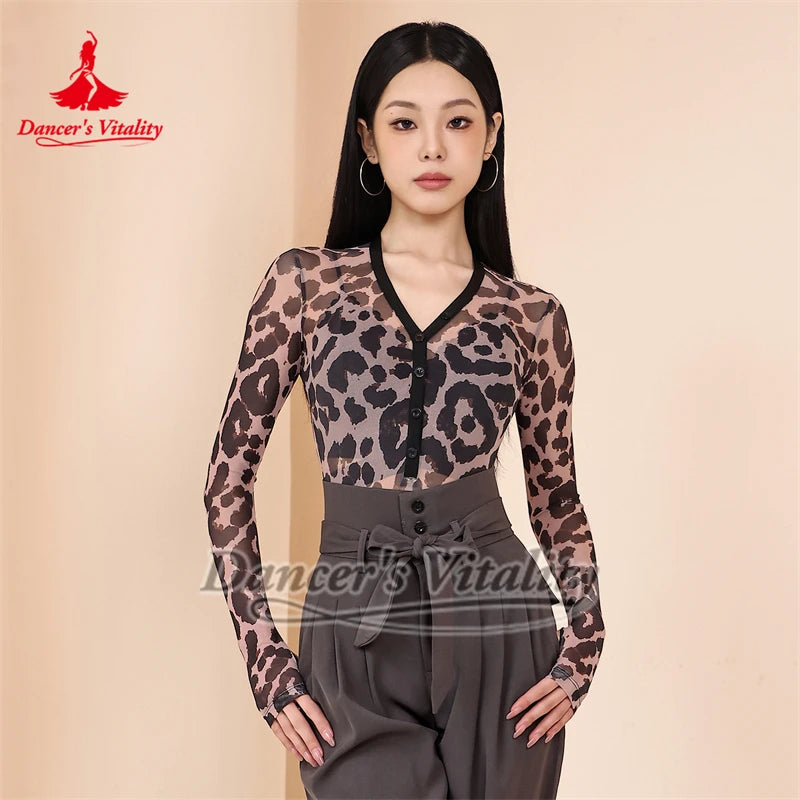 Women's Pink Ribbed Long Sleeve V-Neck Bodysuit with Thumbholes, Latin Ballroom Dance