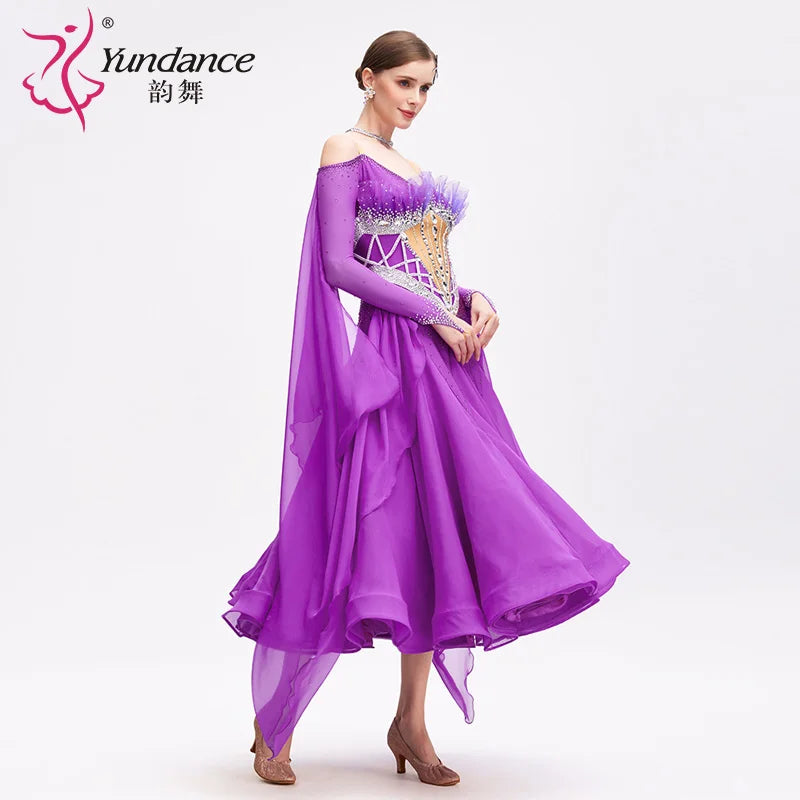 Women's International Standard Ballroom Dance Dress With Chiffon In Amaranth For Competition