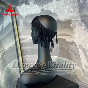 Dance Headband, Women's Black Sequin Fringe Headpiece, Latin Dance