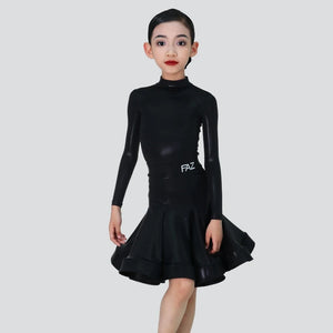 Girls' Pink Long Sleeve Mock Neck Pleated Skirt Latin Ballroom Dance Dress