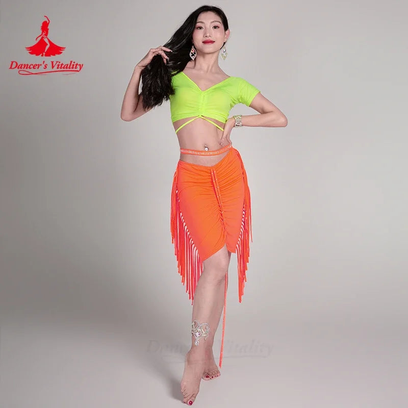Girls' Belly Dance 2-Piece Costume Set With V-Neck Short-Sleeve Top And Tassel Skirt For Training