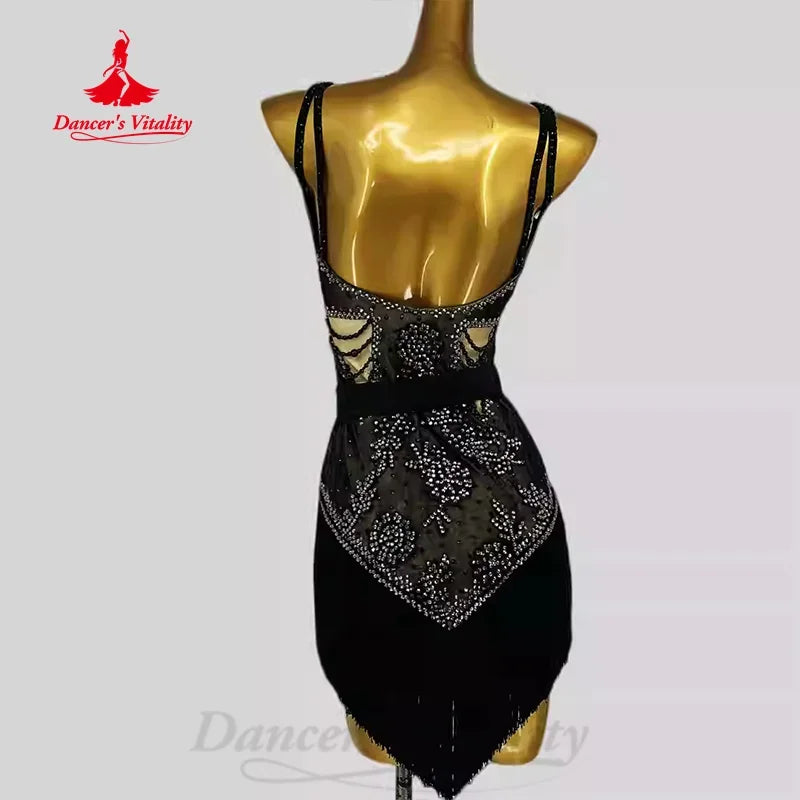 Latin Dance Dress Women Black Beaded Mesh Tassel Sleeveless Performance Costume