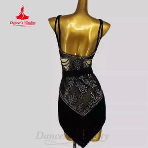 Latin Dance Dress Women Black Beaded Mesh Tassel Sleeveless Performance Costume