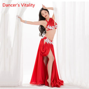Belly Dance Costume Women's White Sequin Halter Top & High Slit Skirt Set Chiffon Tribal Fusion Dancewear