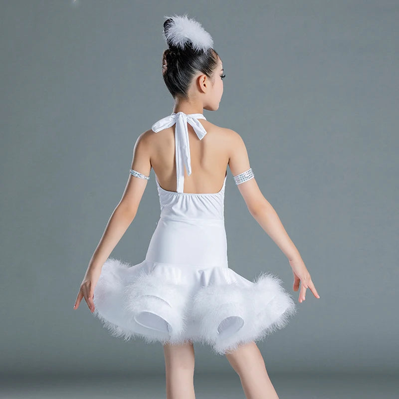 Girls Latin Dance Dress, White Halter Feathered Ruffle Skirt, Red Halter Feathered Ruffle Skirt