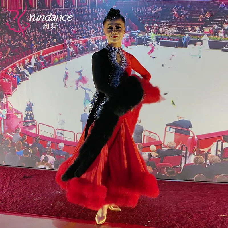 Women's Custom Competition Ballroom Dance Dress With Velvet Fabric For Performance