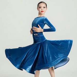 Girls' Velvet Long Sleeve Leotard & Skirt Set, Ballroom Latin Dance Costume