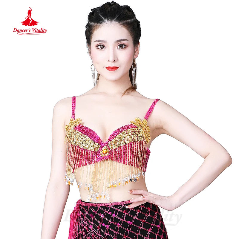 Women's Blue and Gold Sequin Beaded Fringe Belly Dance Bra Top