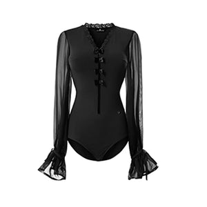 Women's Black and Brown Sheer Sleeve Ruffled Jumpsuit with Velvet Buttons for Latin Dance