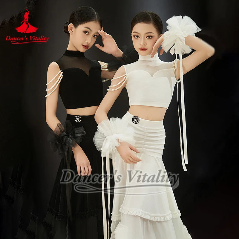 Girls Black & White Velvet Mesh Pearl Ballroom Dance Dress