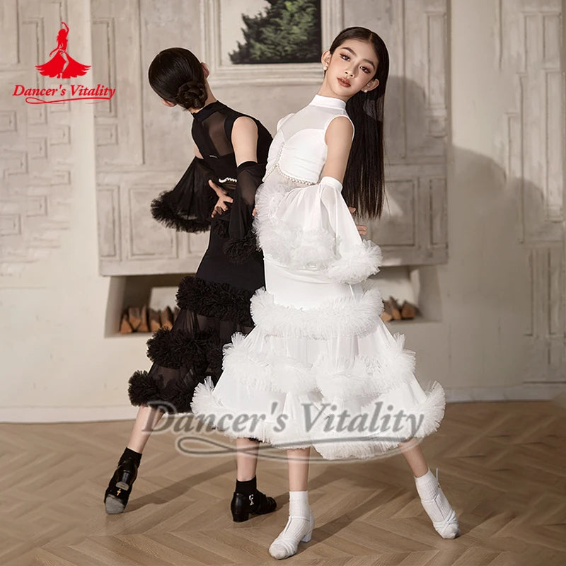 Girls' White & Black Mock Neck Mesh Pearl Latin Dance Dress with Ruffled Skirt