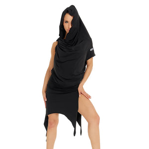 Women's Black Hooded Draped Top and Asymmetrical Skirt Latin Dance Set