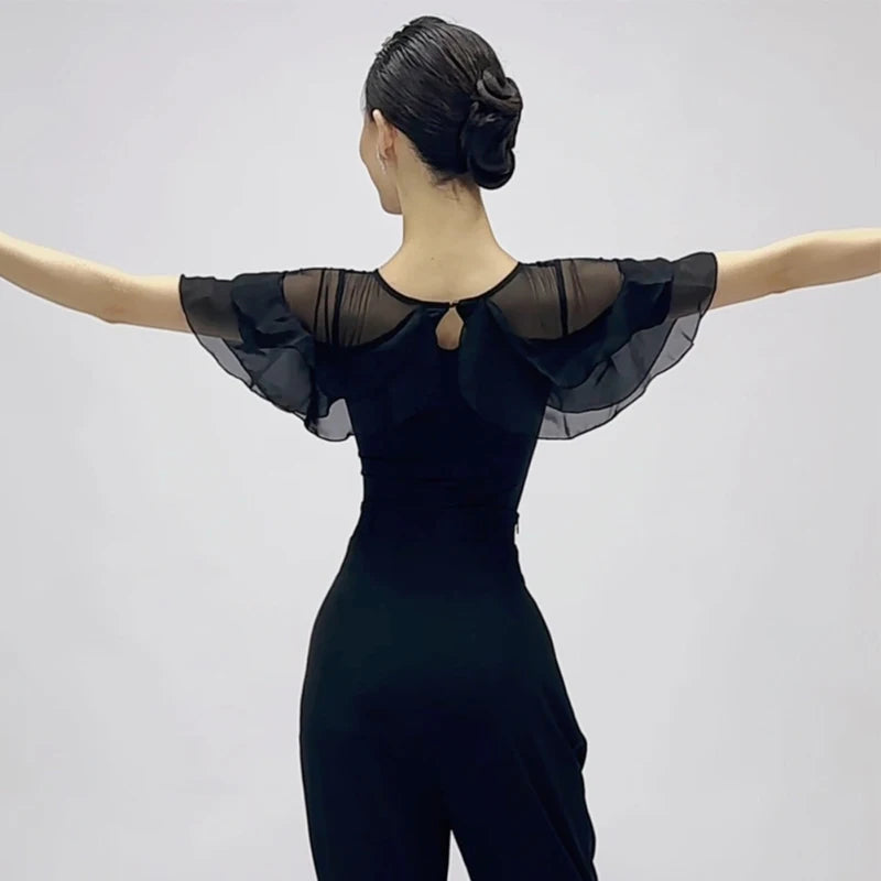 Women's Black Ruffled Mesh Latin Dance Dress with Hair Clip