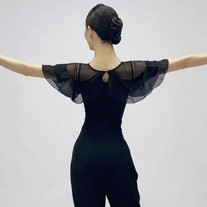 Women's Black Ruffled Mesh Latin Dance Dress with Hair Clip