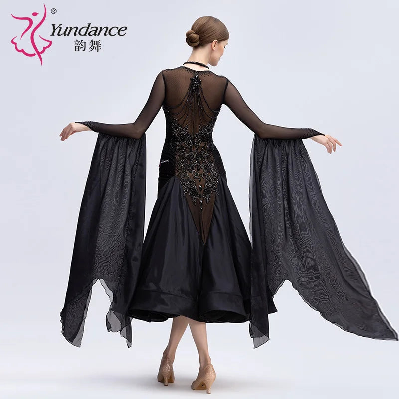 Women's Standard Ballroom Dance Dress In Black Satin Chiffon For Stage Performance