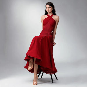 Women's Red Halter Neck Ballroom Dance Dress with Mesh Panels and Flowy Skirt