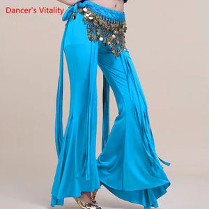 Belly Dance Pants Women's Yellow Sequin Hip Scarf Bell Bottom Slit Leg Pants for Oriental Dance Performance