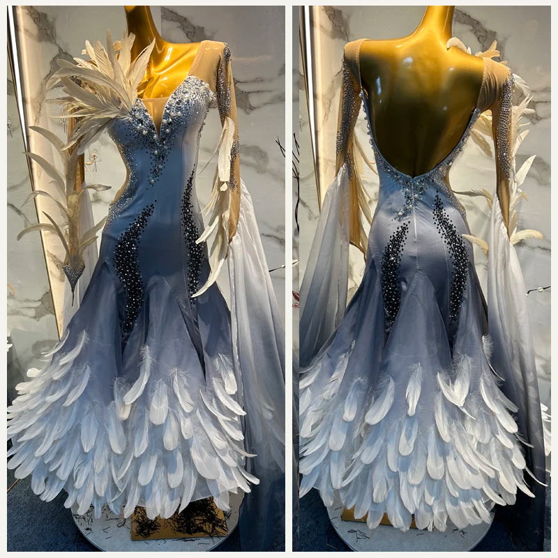 Ballroom Dance Dress Women's Gray Ombre Feathered Rhinestone Long Sleeve Smooth Standard Gown