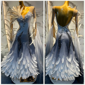 Ballroom Dance Dress Women's Gray Ombre Feathered Rhinestone Long Sleeve Smooth Standard Gown