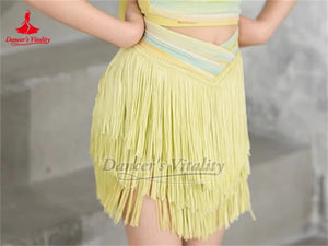 Girls Pink Striped Strapless Fringe Latin Dance Dress