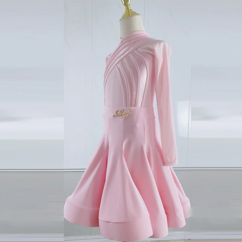 Women's Pink Satin Ballroom Dance Dress with Mesh Sleeves and Ruched Bodice