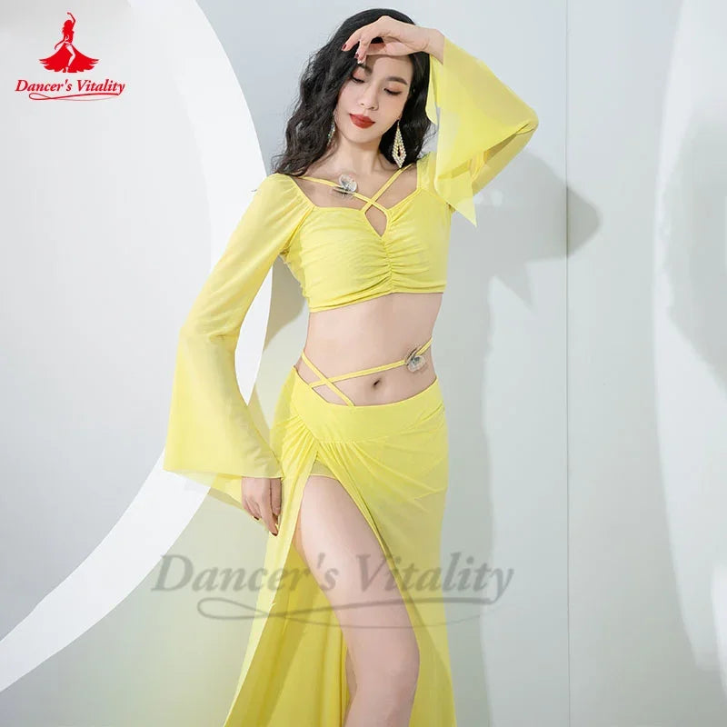 Belly Dance Costume Women Peach Long Sleeve Crop Top with Flared Sleeves and High Slit Skirt