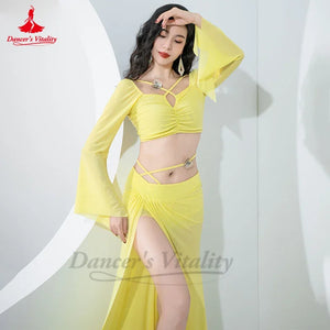 Belly Dance Costume Women Peach Long Sleeve Crop Top with Flared Sleeves and High Slit Skirt