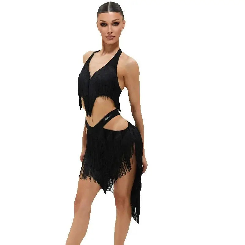 Women's Black Fringe Halter Top and Asymmetrical Skirt Latin Dance Set