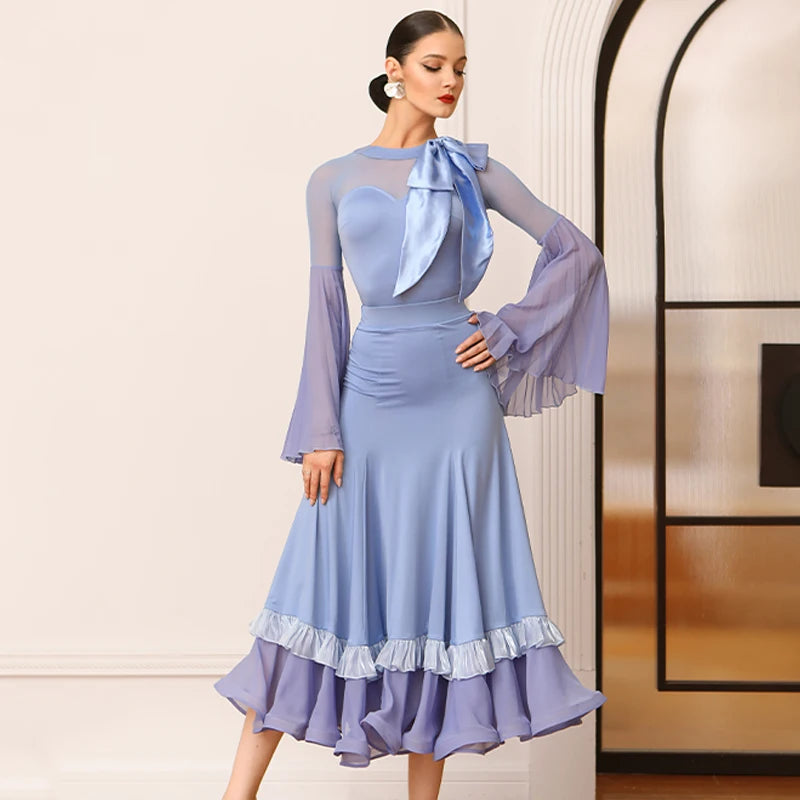 Women's Blue Mesh Bell Sleeve Ballroom Dance Dress with Satin Bow & Ruffled Hem