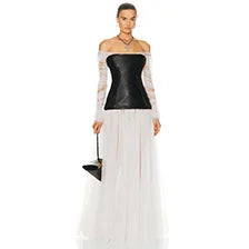 Off-the-Shoulder Long Sleeve Dress with Leather Corset and Gauze Skirt