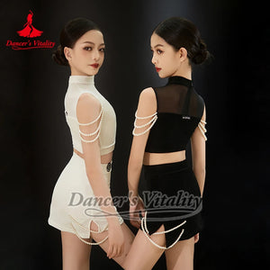 Girls Black & White Velvet Mesh Pearl Ballroom Dance Dress